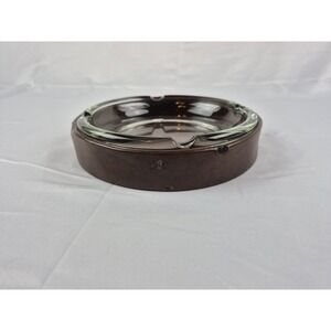 Vintage MCM Glass Ashtray Faux Leather Holder Heavy Brown Bar Decor 8.25